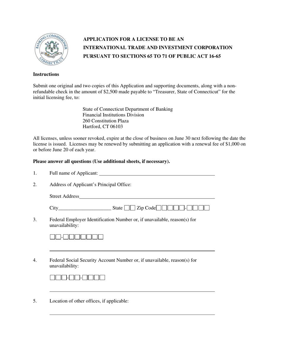 Application for a License to Be an International Trade and Investment Corporation - Connecticut, Page 1