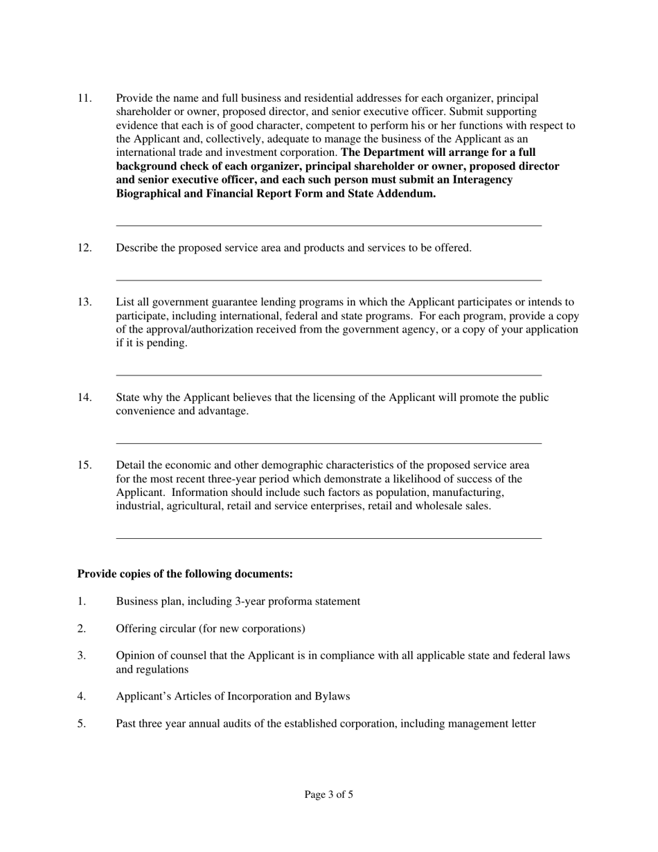 Application for a License to Be an International Trade and Investment Corporation - Connecticut, Page 3