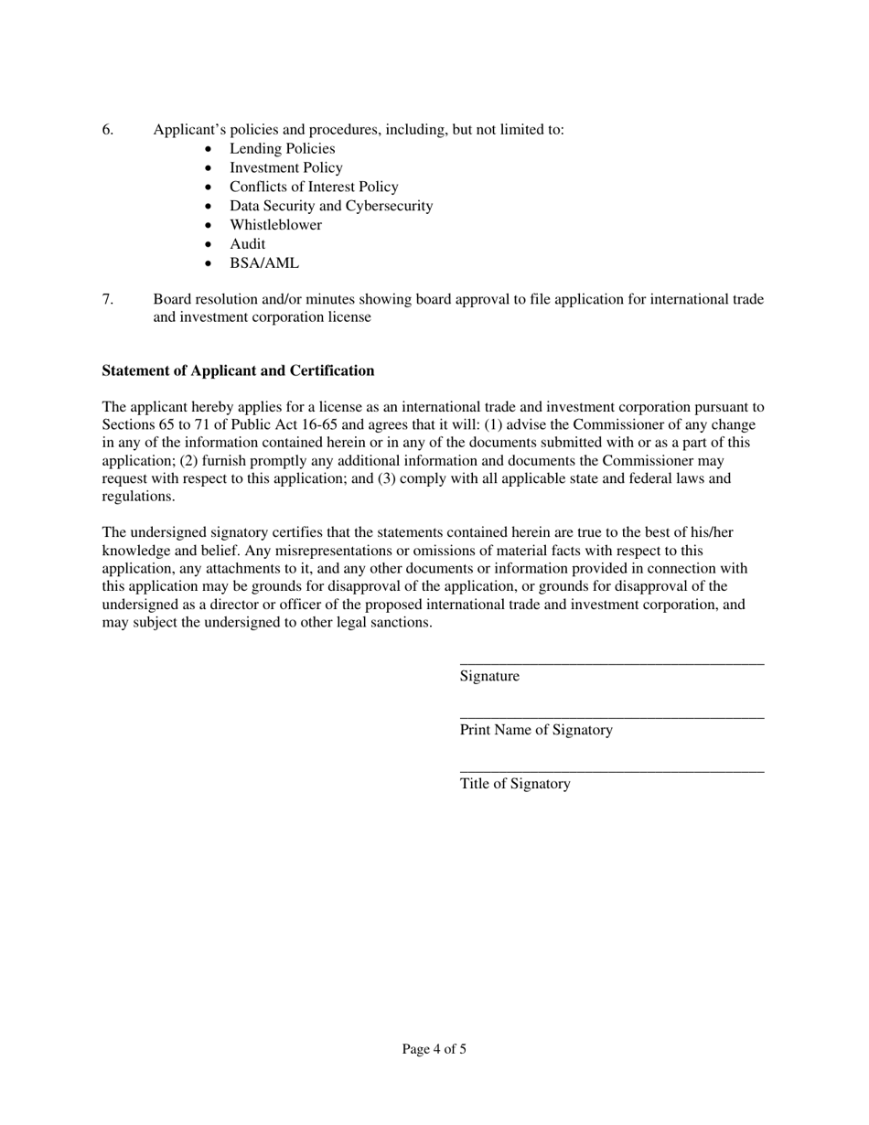 Application for a License to Be an International Trade and Investment Corporation - Connecticut, Page 4