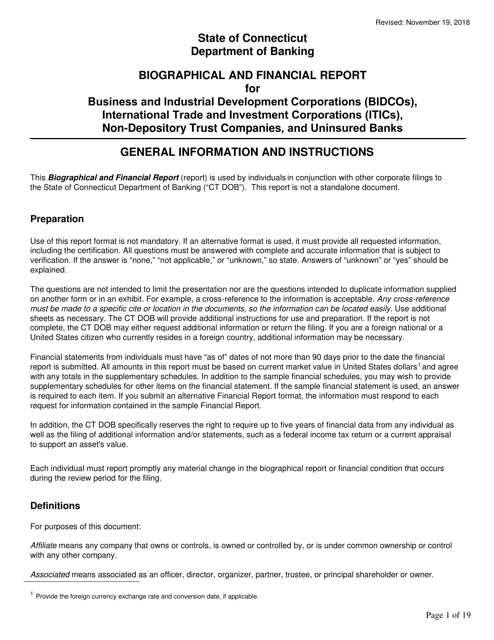 Biographical and Financial Report for Business and Industrial Development Corporations (Bidcos), International Trade and Investment Corporations (Itics), Non-depository Trust Companies, and Uninsured Banks - Connecticut