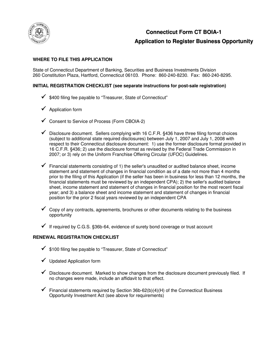 Form CT BOIA-1 Application to Register Business Opportunity - Connecticut, Page 1