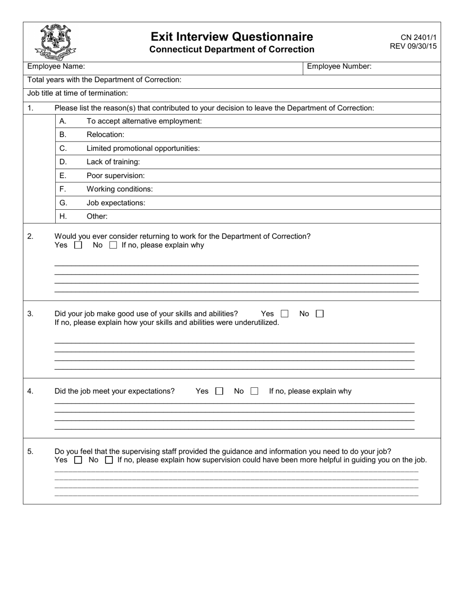 Form CN2401 Exit Interview Questionnaire - Connecticut, Page 1