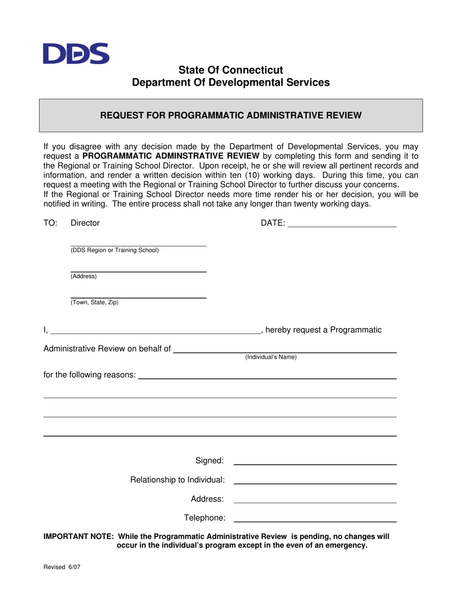 Request for Programmatic Administrative Review - Connecticut, Page 1