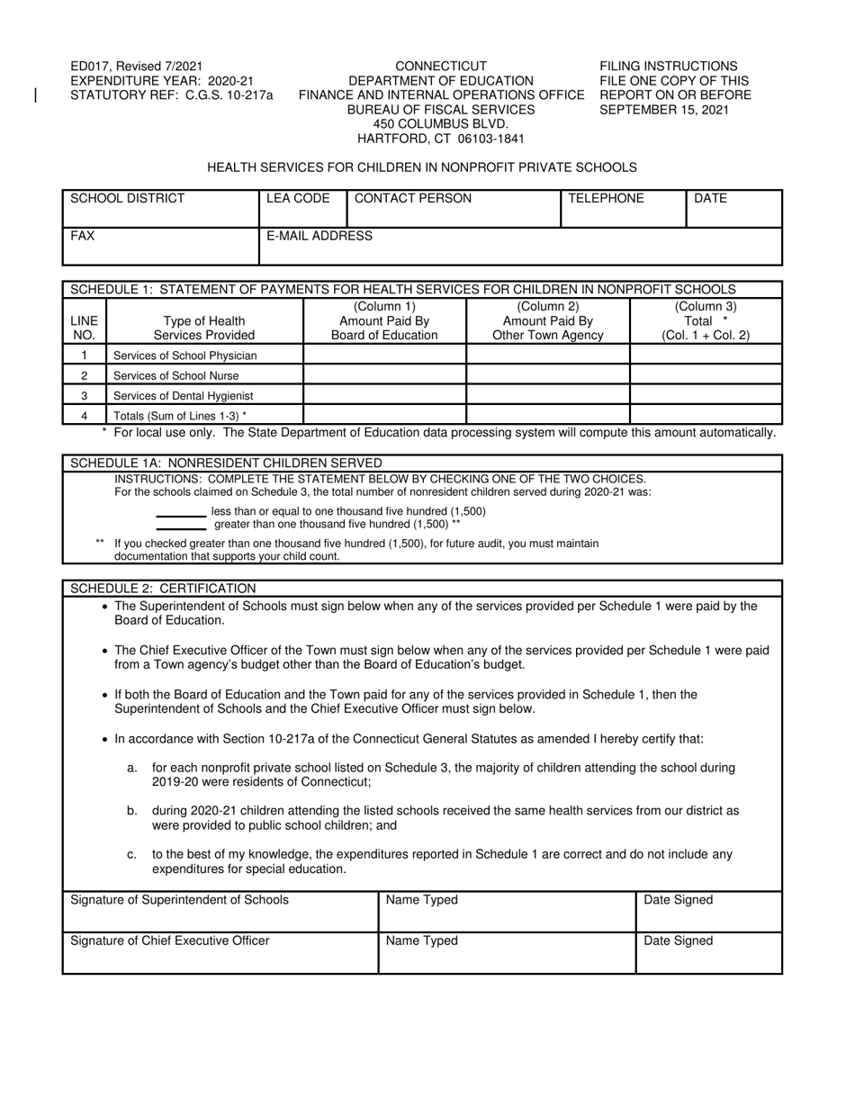 Form ED017 Health Services for Children in Nonprofit Private Schools - Connecticut, Page 1