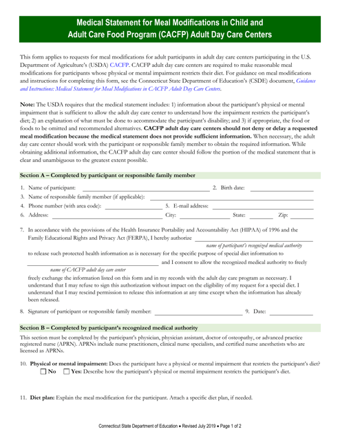 &quot;Medical Statement for Meal Modifications in Child and Adult Care Food Program (CACFP) Adult Day Care Centers&quot; - Connecticut Download Pdf