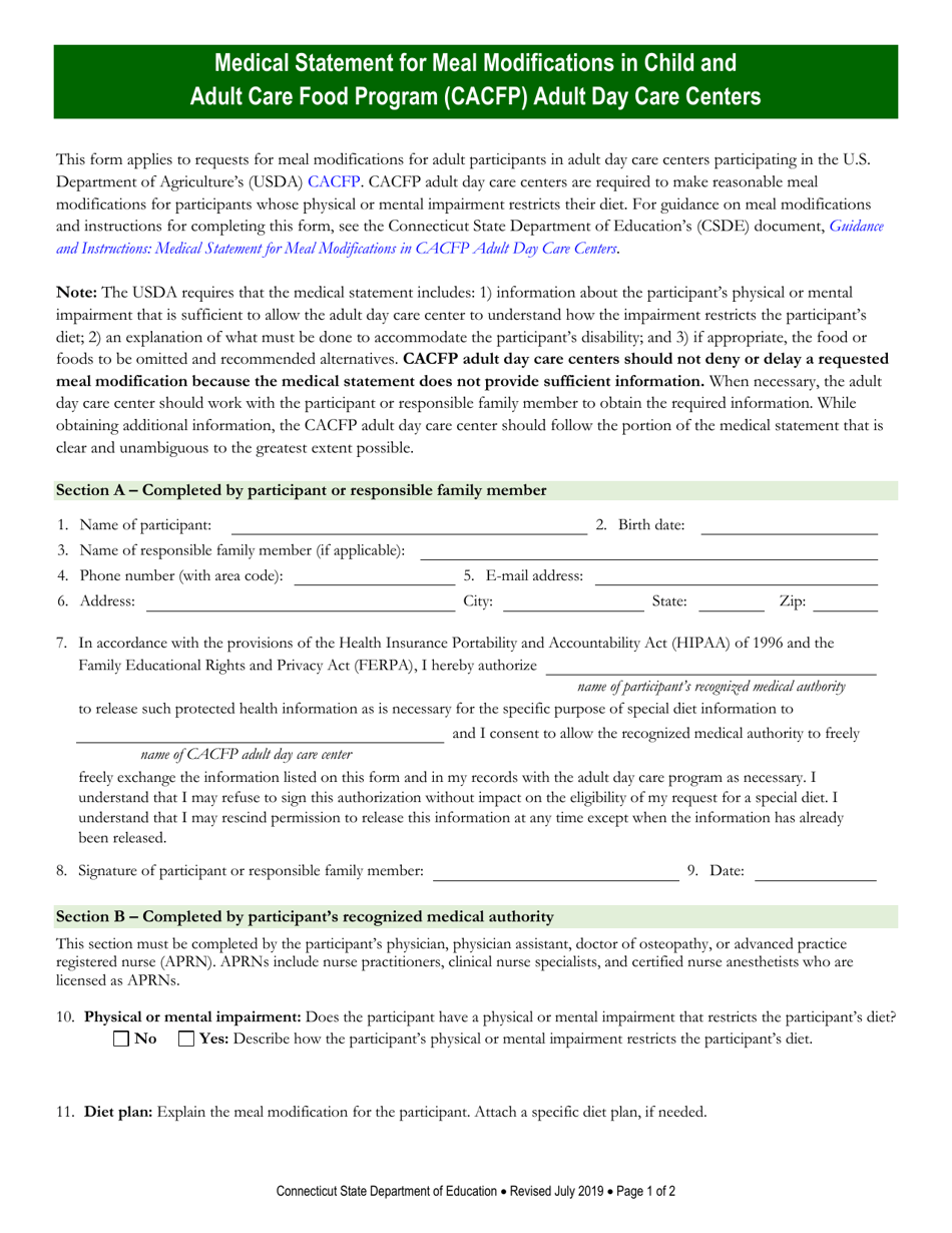 Medical Statement for Meal Modifications in Child and Adult Care Food Program (CACFP) Adult Day Care Centers - Connecticut, Page 1