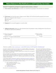 Medical Statement for Meal Modifications in Child and Adult Care Food Program (CACFP) Adult Day Care Centers - Connecticut, Page 2