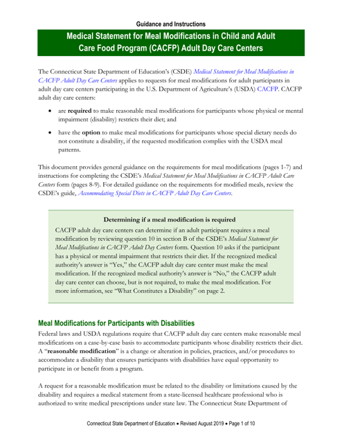 Instructions for Medical Statement for Meal Modifications in Child and Adult Care Food Program (CACFP) Adult Day Care Centers - Connecticut Download Pdf
