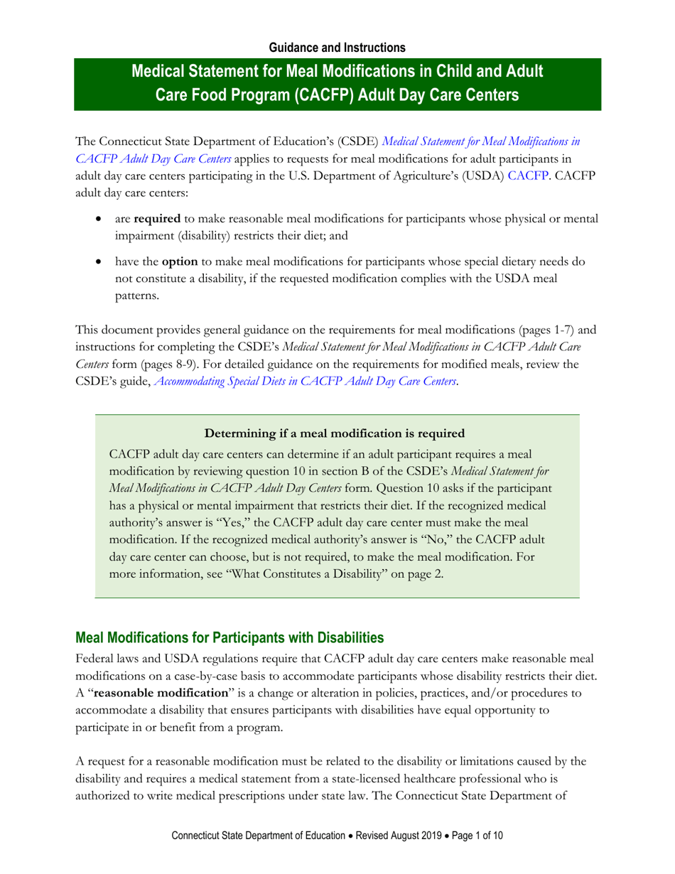 Instructions for Medical Statement for Meal Modifications in Child and Adult Care Food Program (CACFP) Adult Day Care Centers - Connecticut, Page 1
