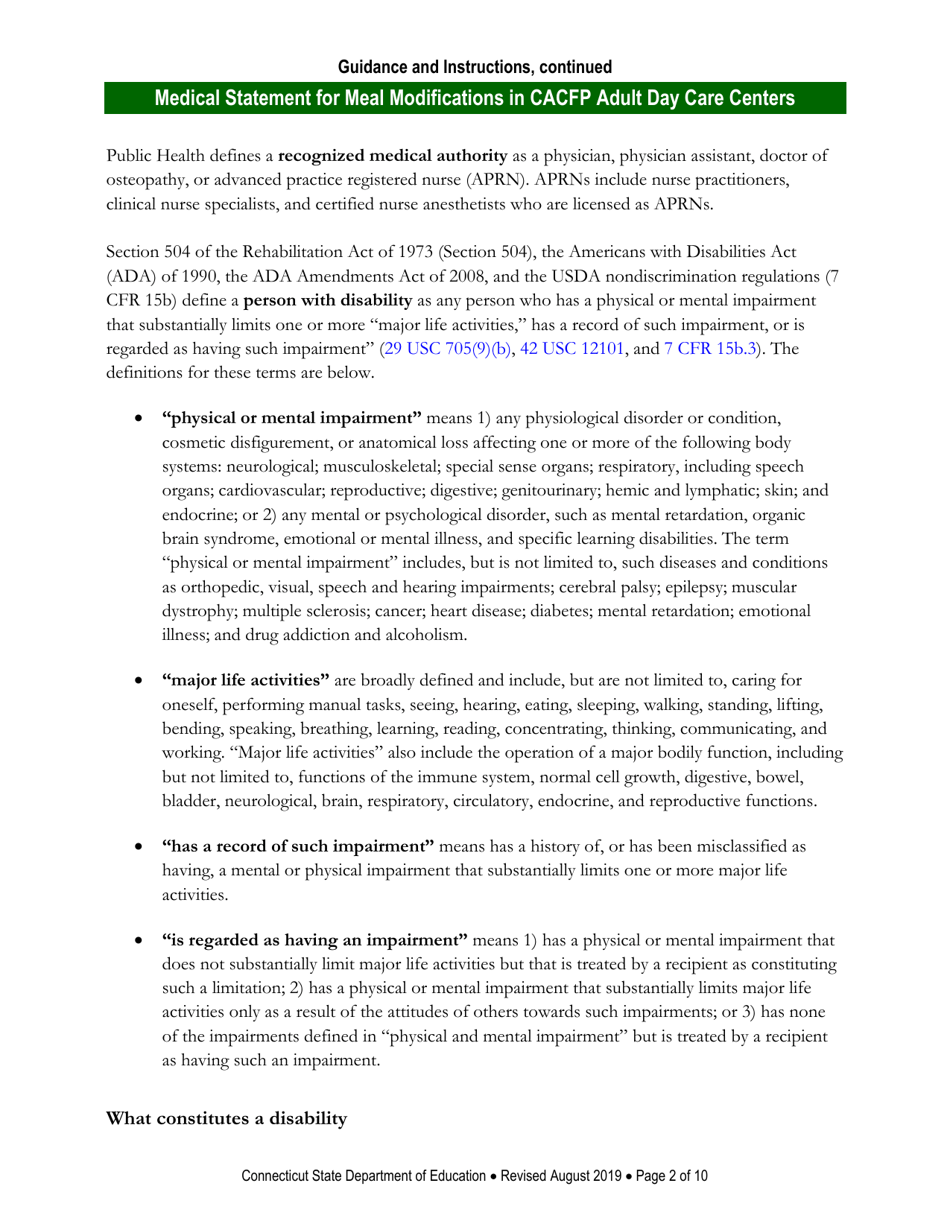 Instructions for Medical Statement for Meal Modifications in Child and Adult Care Food Program (CACFP) Adult Day Care Centers - Connecticut, Page 2