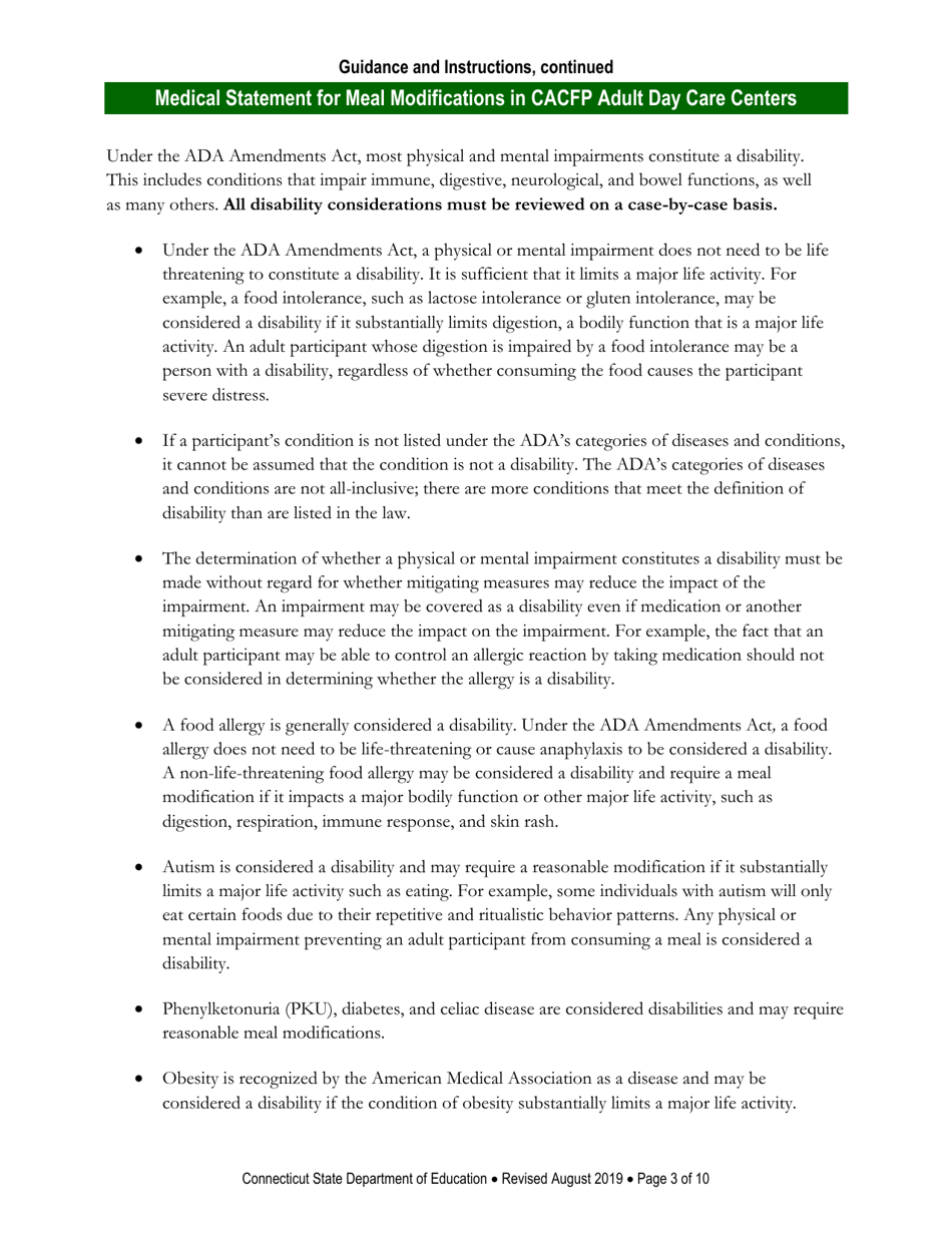 Instructions for Medical Statement for Meal Modifications in Child and Adult Care Food Program (CACFP) Adult Day Care Centers - Connecticut, Page 3
