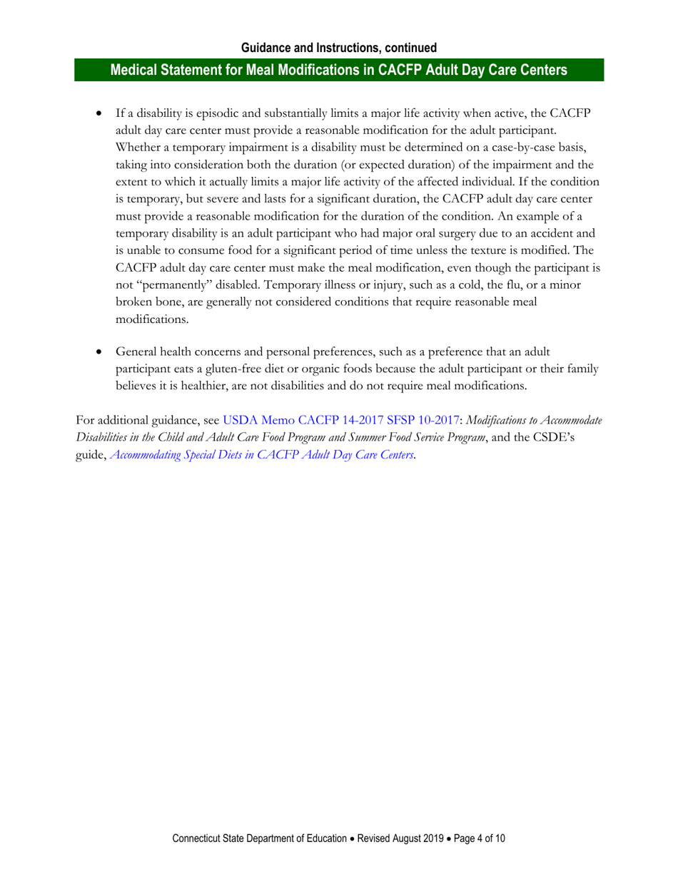 Instructions for Medical Statement for Meal Modifications in Child and Adult Care Food Program (CACFP) Adult Day Care Centers - Connecticut, Page 4