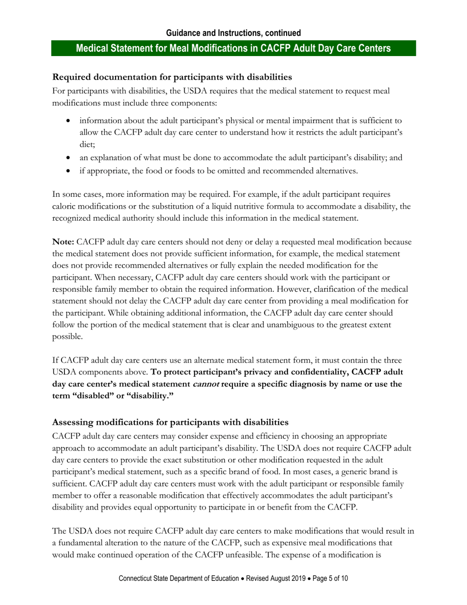 Instructions for Medical Statement for Meal Modifications in Child and Adult Care Food Program (CACFP) Adult Day Care Centers - Connecticut, Page 5