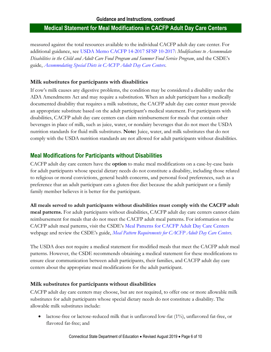 Instructions for Medical Statement for Meal Modifications in Child and Adult Care Food Program (CACFP) Adult Day Care Centers - Connecticut, Page 6