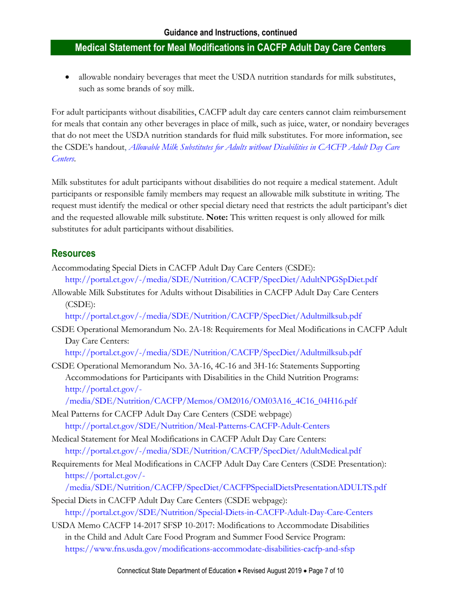 Instructions for Medical Statement for Meal Modifications in Child and Adult Care Food Program (CACFP) Adult Day Care Centers - Connecticut, Page 7