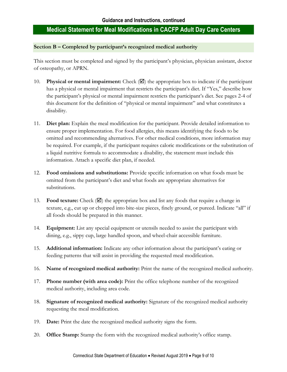 Instructions for Medical Statement for Meal Modifications in Child and Adult Care Food Program (CACFP) Adult Day Care Centers - Connecticut, Page 9