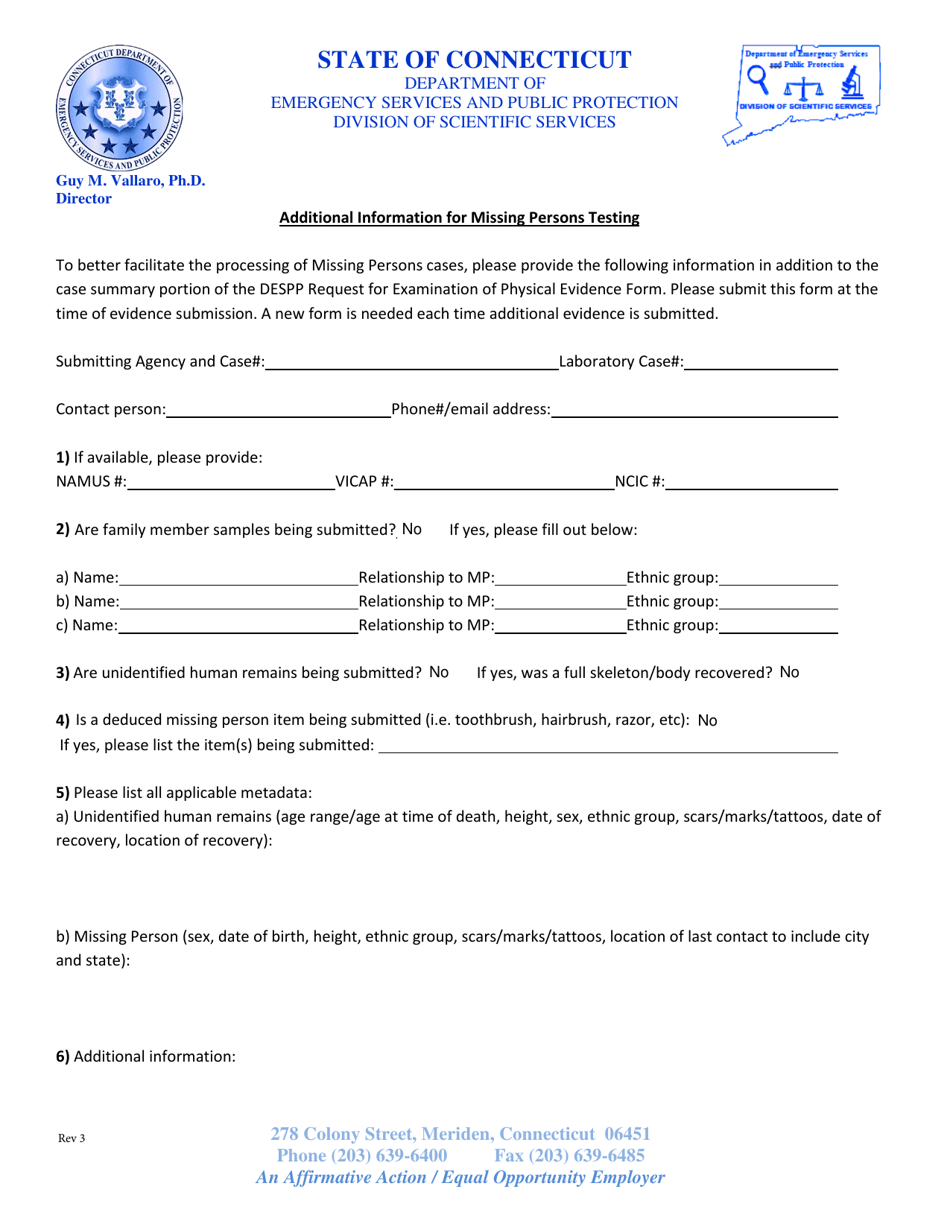 Additional Information for Missing Persons Testing - Connecticut, Page 1