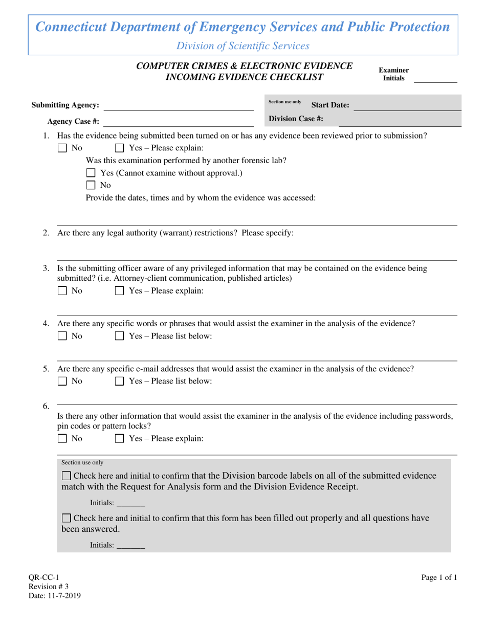 Form QR-CC-1 Computer Crimes  Electronic Evidence Incoming Evidence Checklist - Connecticut, Page 1