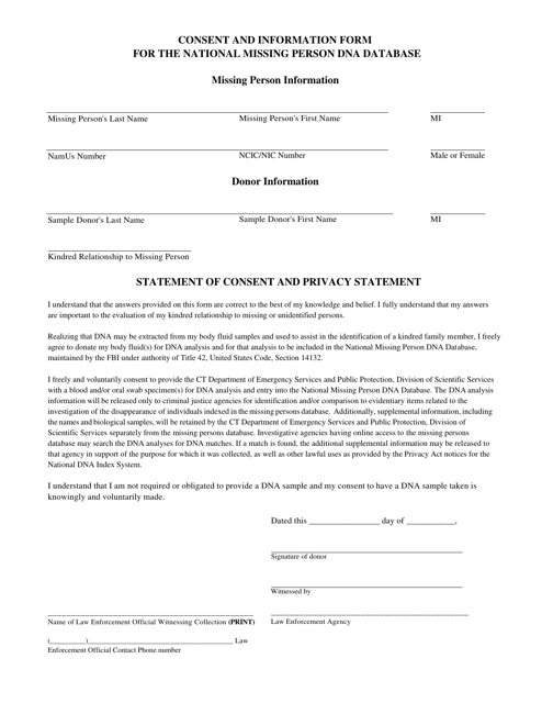 Consent and Information Form for the National Missing Person Dna Database - Connecticut