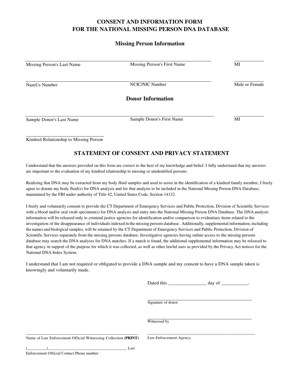 Consent and Information Form for the National Missing Person Dna Database - Connecticut, Page 1