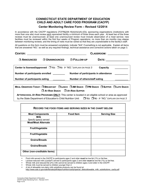 Center Monitoring Review Form - Child and Adult Care Food Program (CACFP) - Connecticut Download Pdf