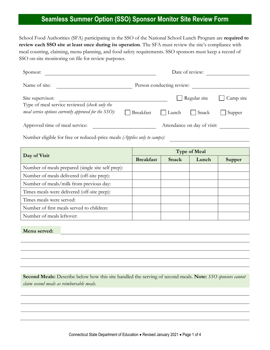 Seamless Summer Option (Sso) Sponsor Monitor Site Review Form - Connecticut, Page 1