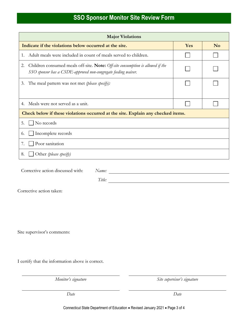 Seamless Summer Option (Sso) Sponsor Monitor Site Review Form - Connecticut, Page 3