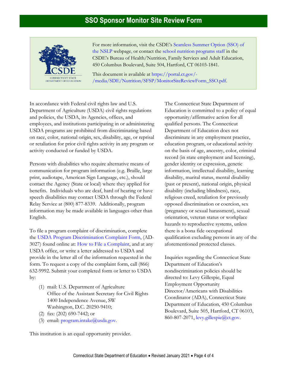 Seamless Summer Option (Sso) Sponsor Monitor Site Review Form - Connecticut, Page 4