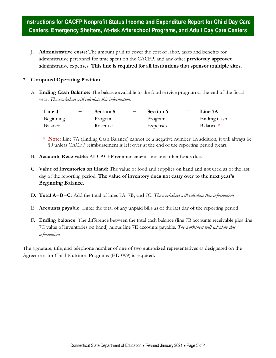 Instructions for CACFP Nonprofit Status Income and Expenditure Report for Child Day Care Centers, Emergency Shelters, at-Risk Afterschool Programs, and Adult Day Care Centers - Connecticut, Page 3