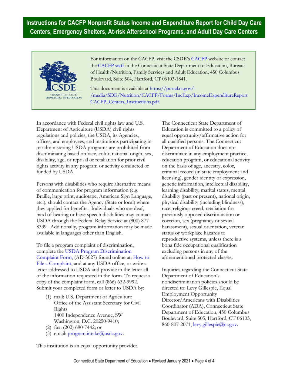 Instructions for CACFP Nonprofit Status Income and Expenditure Report for Child Day Care Centers, Emergency Shelters, at-Risk Afterschool Programs, and Adult Day Care Centers - Connecticut, Page 4