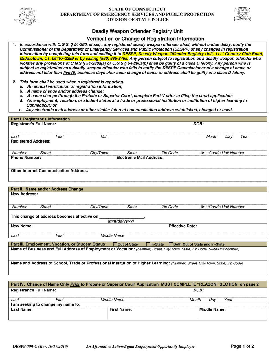 Form DESPP-790-C Verification or Change of Registration Information - Connecticut, Page 1