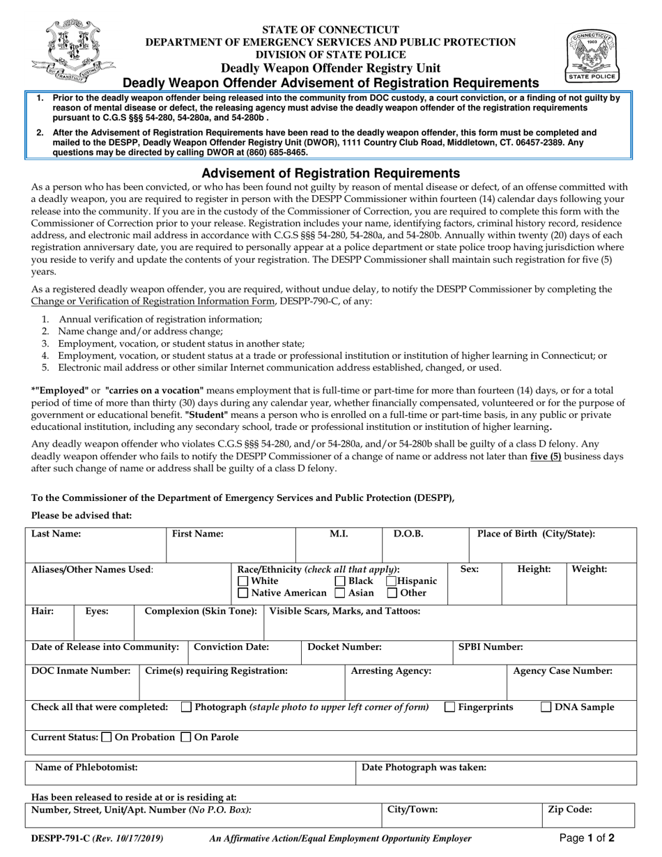 Form DESPP-791-C Deadly Weapon Offender Advisement of Registration Requirements - Connecticut, Page 1