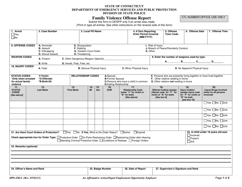 Form DPS-230-C Family Violence Offense Report - Connecticut