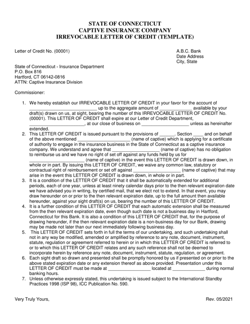 Captive Insurance Company Irrevocable Letter of Credit (Template) - Connecticut Download Pdf