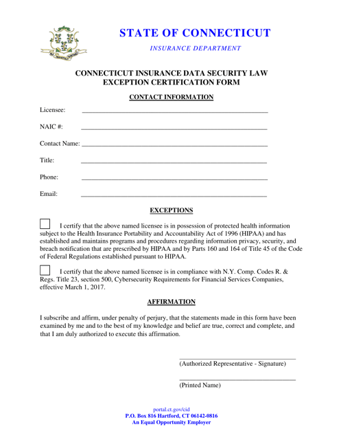 &quot;Connecticut Insurance Data Security Law Exception Certification Form&quot; - Connecticut Download Pdf