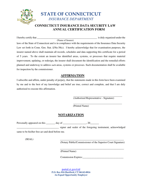 "Connecticut Insurance Data Security Law Annual Certification Form" - Connecticut Download Pdf