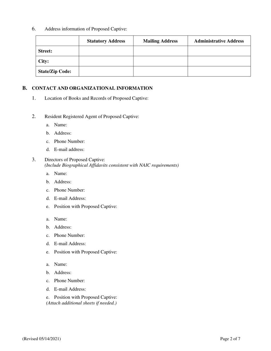 Captive Insurance Company - Application for Admission - Connecticut, Page 2