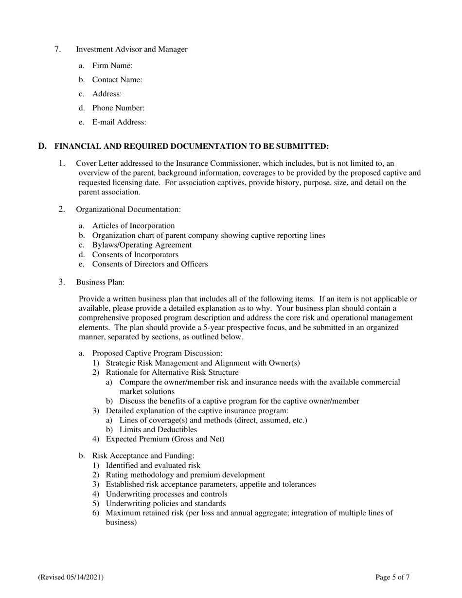Captive Insurance Company - Application for Admission - Connecticut, Page 5