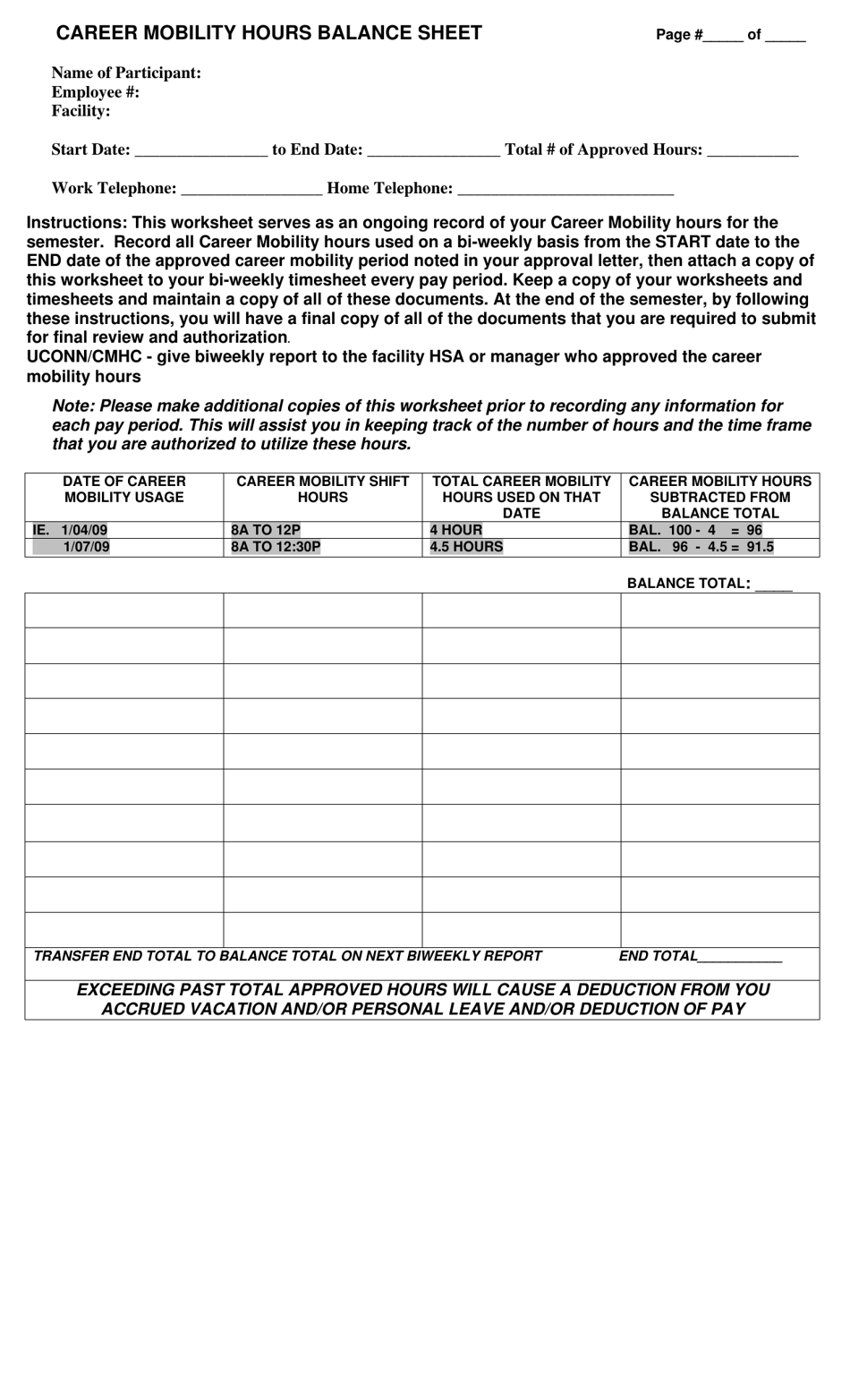 Career Mobility Hours Balance Sheet - Connecticut, Page 1