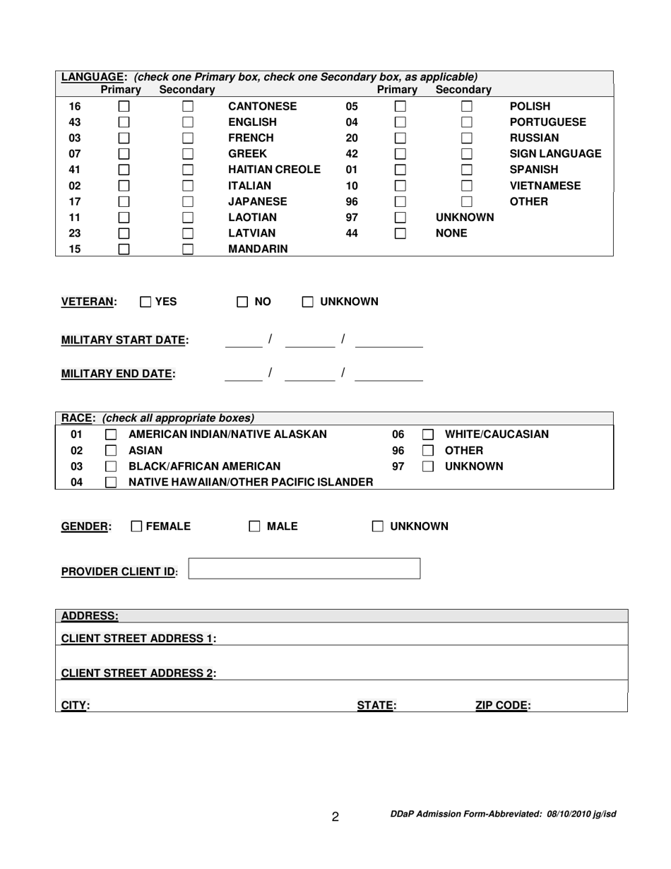 Ddap Admission Form - Abbreviated - Connecticut, Page 2