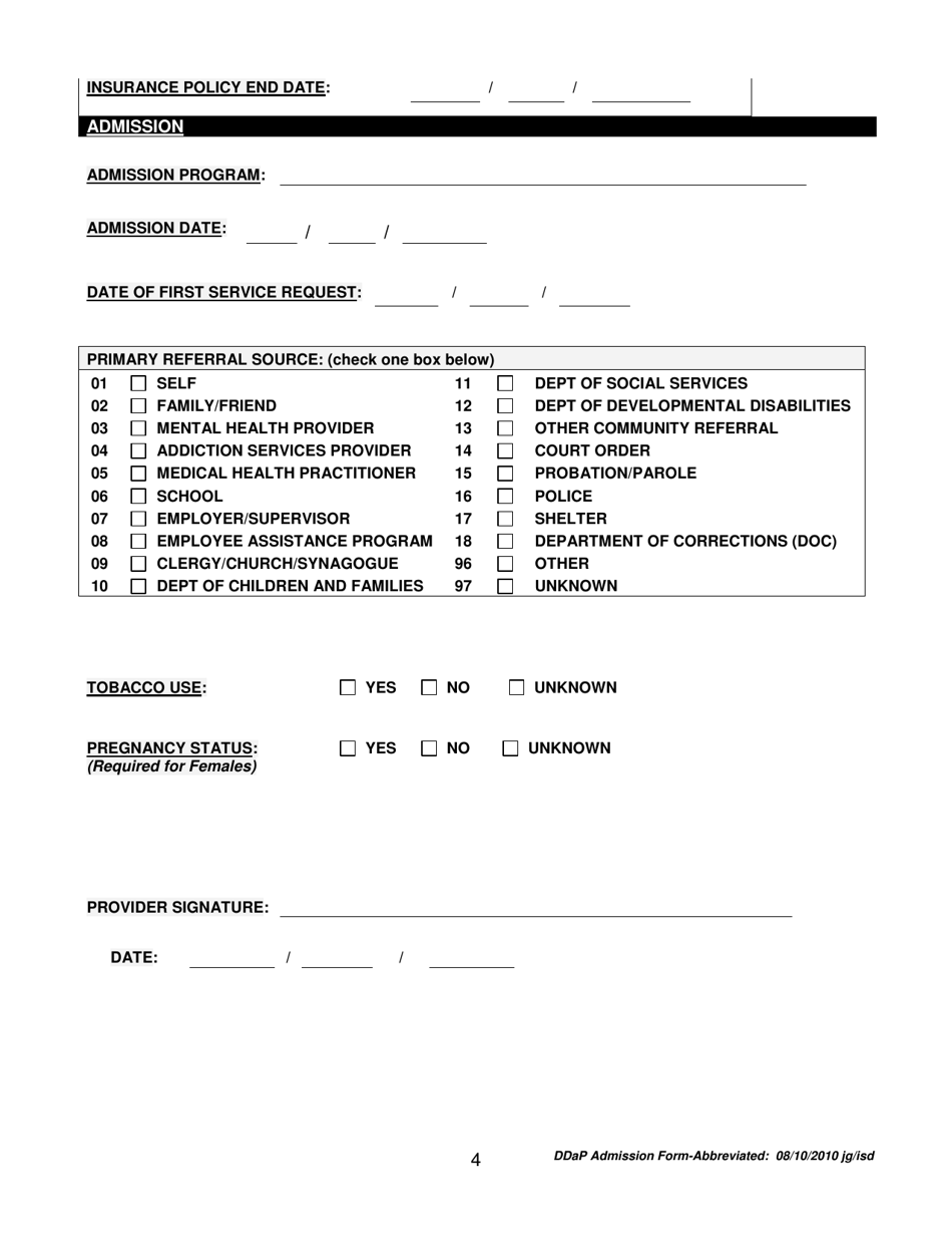 Connecticut Ddap Admission Form Abbreviated Fill Out Sign Online And Download Pdf 8668