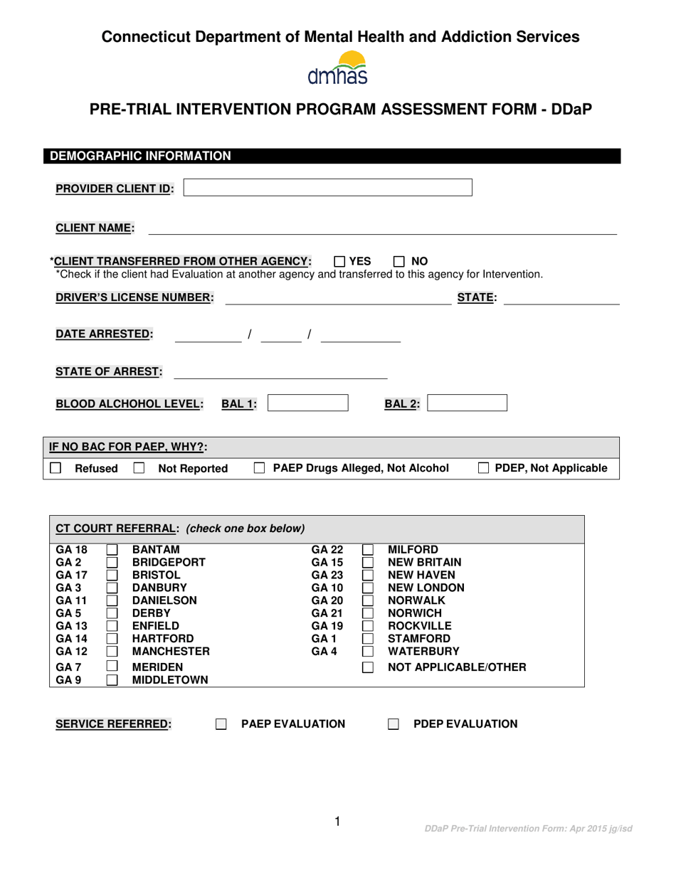 Pre-trial Intervention Program Assessment Form - Ddap - Connecticut, Page 1