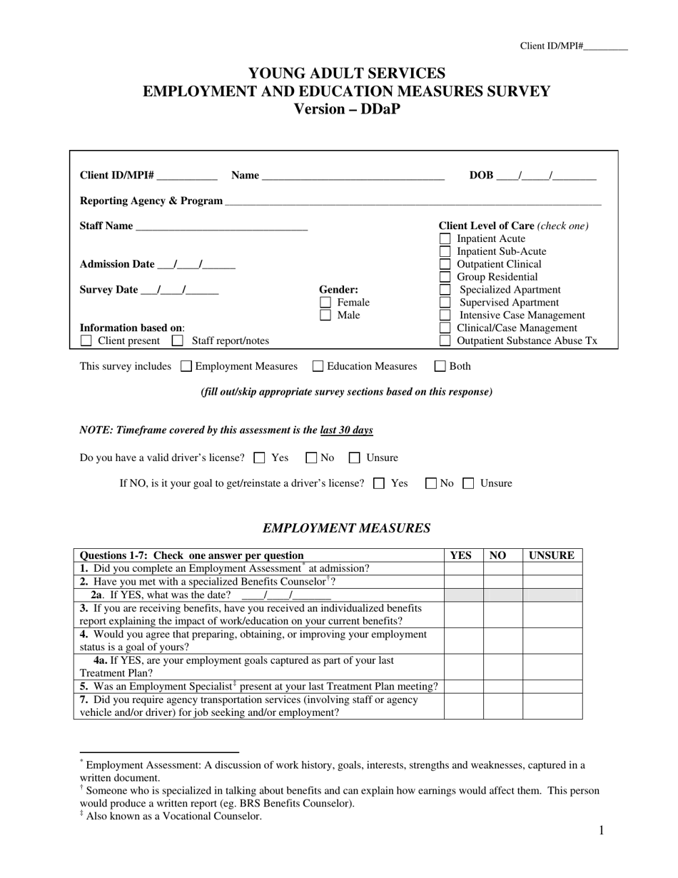 Ddap Young Adult Services Employment and Education Measures Survey - Connecticut, Page 1