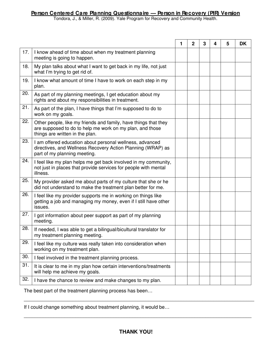 Connecticut Person Centered Care Planning Questionnaire - Person in ...