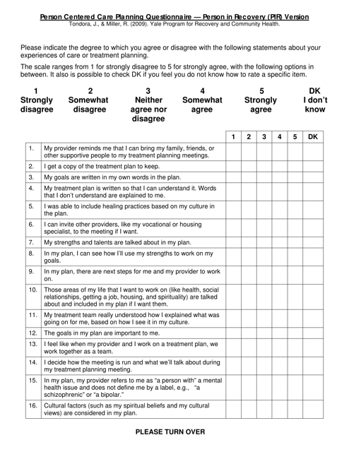 Person Centered Care Planning Questionnaire - Person in Recovery (Pir) Version - Connecticut Download Pdf