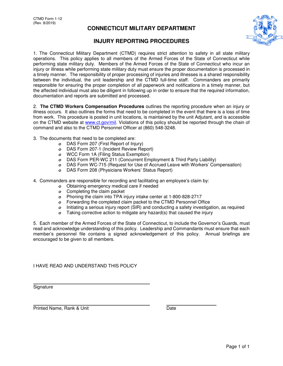 CTMD Form 1-12 Injury Reporting Procedures - Connecticut, Page 1