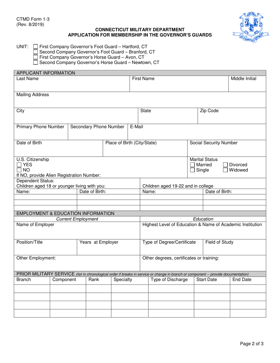 CTMD Form 1-3 Application for Membership in the Governors Guards - Connecticut, Page 2