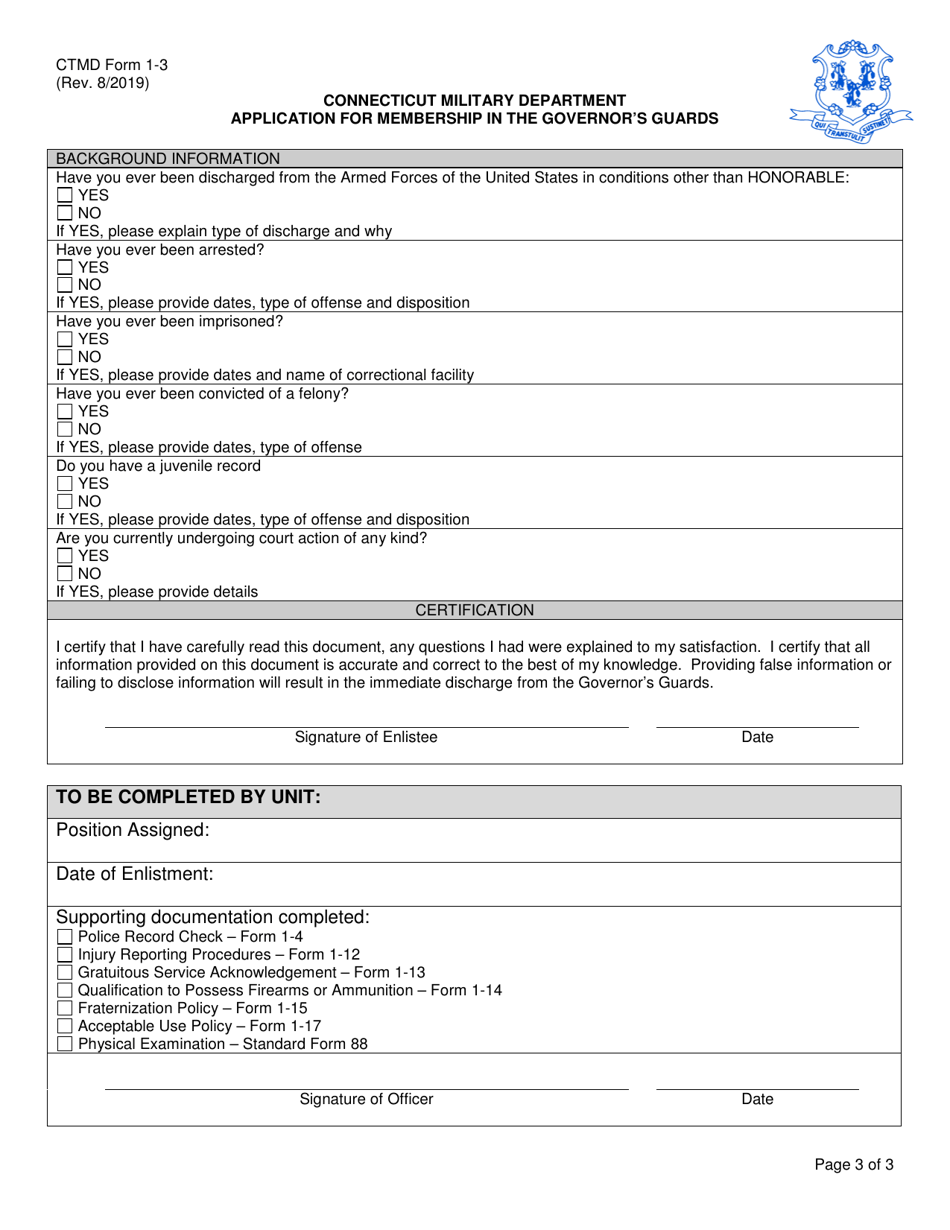 CTMD Form 1-3 Application for Membership in the Governors Guards - Connecticut, Page 3