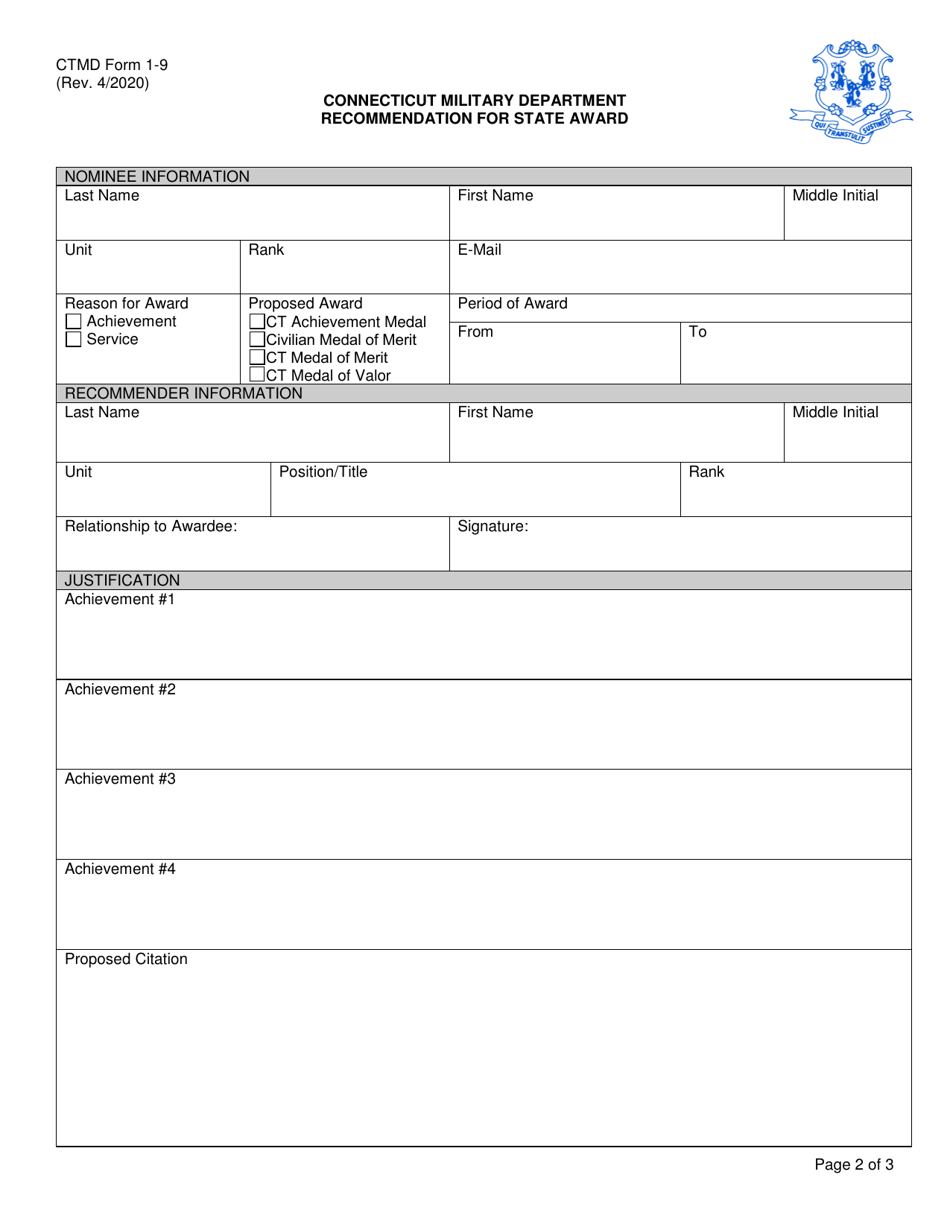 CTMD Form 1-9 Recommendation for State Award - Connecticut, Page 2