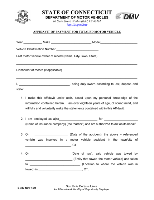Form B-387 Affidavit of Payment for Totaled Motor Vehicle - Connecticut